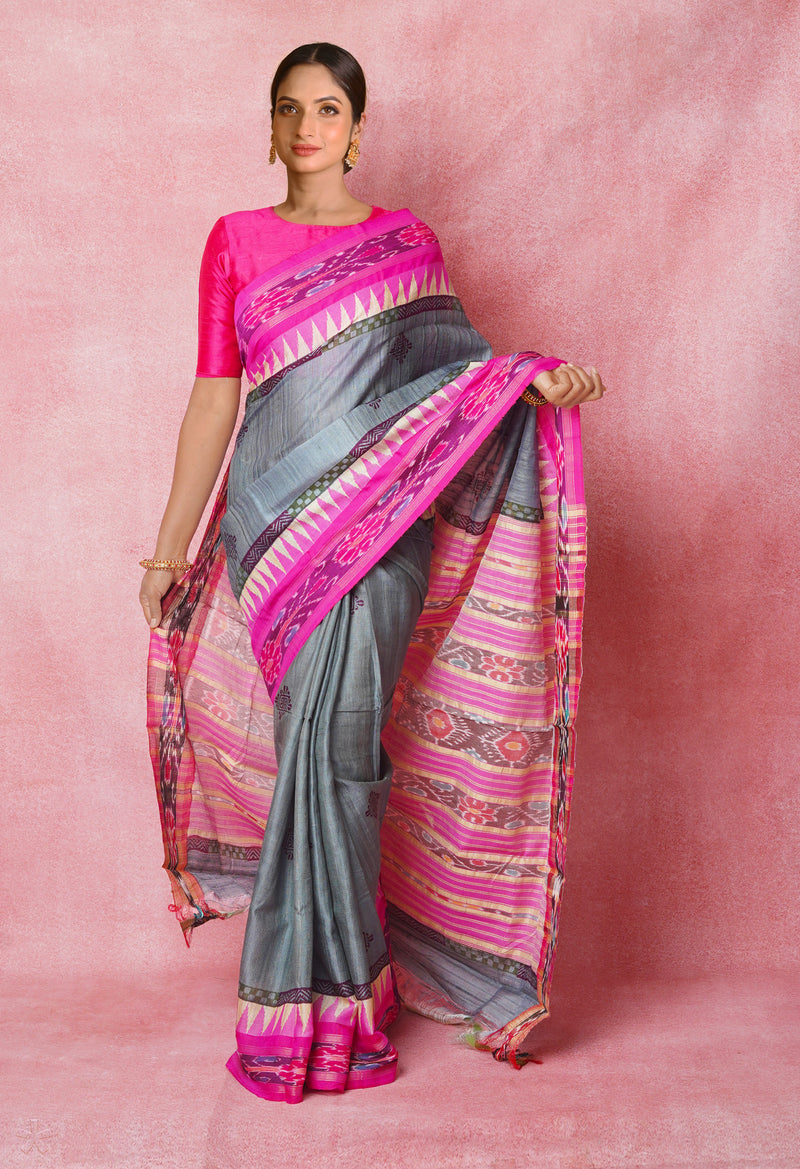 Grey Pure Handloom Hand Block Printed Vidarbha Tussar Silk Saree-UNM74501