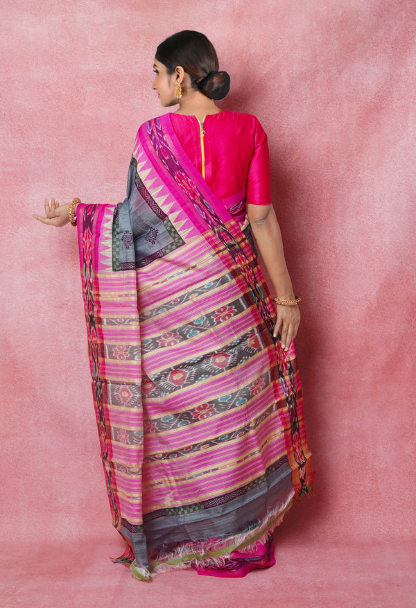 Grey Pure Handloom Hand Block Printed Vidarbha Tussar Silk Saree-UNM74501