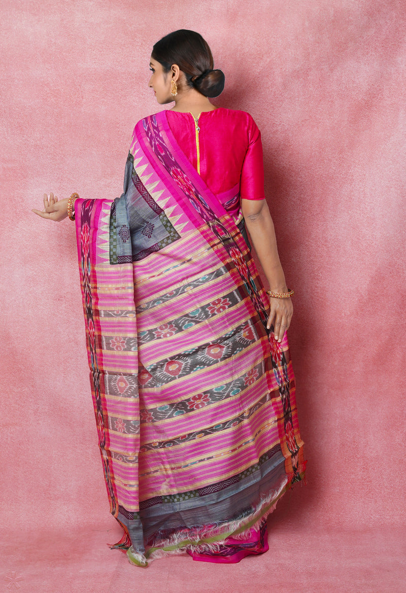 Grey Pure Handloom Hand Block Printed Vidarbha Tussar Silk Saree-UNM74501