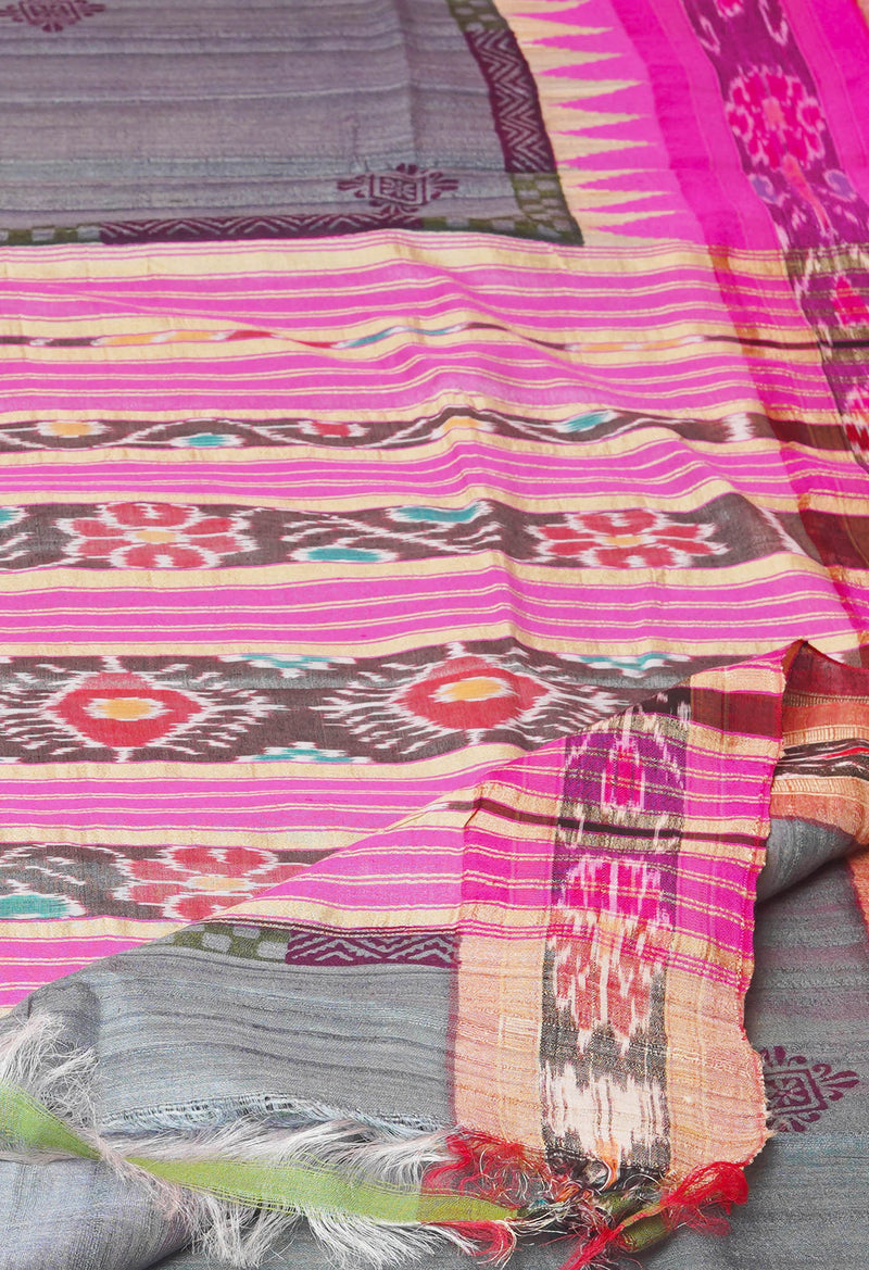 Grey Pure Handloom Hand Block Printed Vidarbha Tussar Silk Saree-UNM74501
