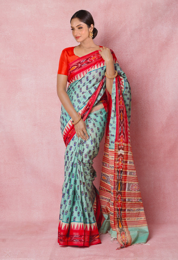 Pale Blue Pure Handloom Hand Block Printed Vidarbha Tussar Silk Saree-UNM74502