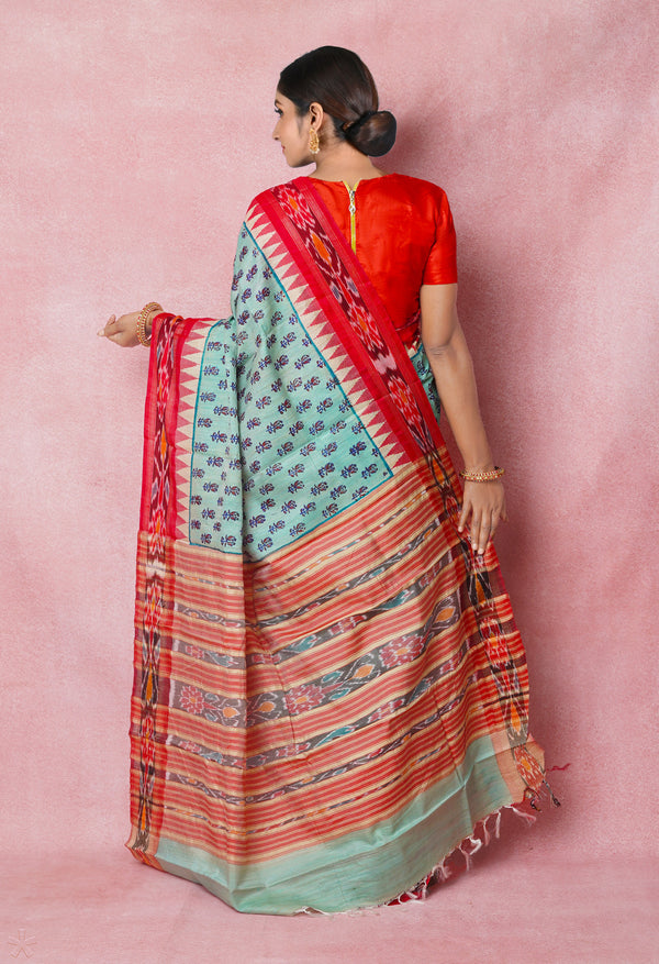 Pale Blue Pure Handloom Hand Block Printed Vidarbha Tussar Silk Saree-UNM74502