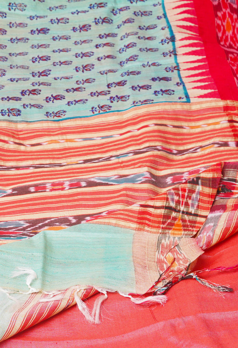 Pale Blue Pure Handloom Hand Block Printed Vidarbha Tussar Silk Saree-UNM74502