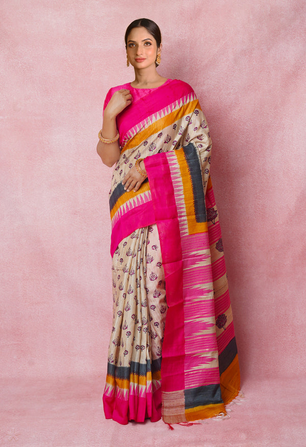 Off White Pure Handloom Hand Block Printed Vidarbha Tussar Silk Saree-UNM74503