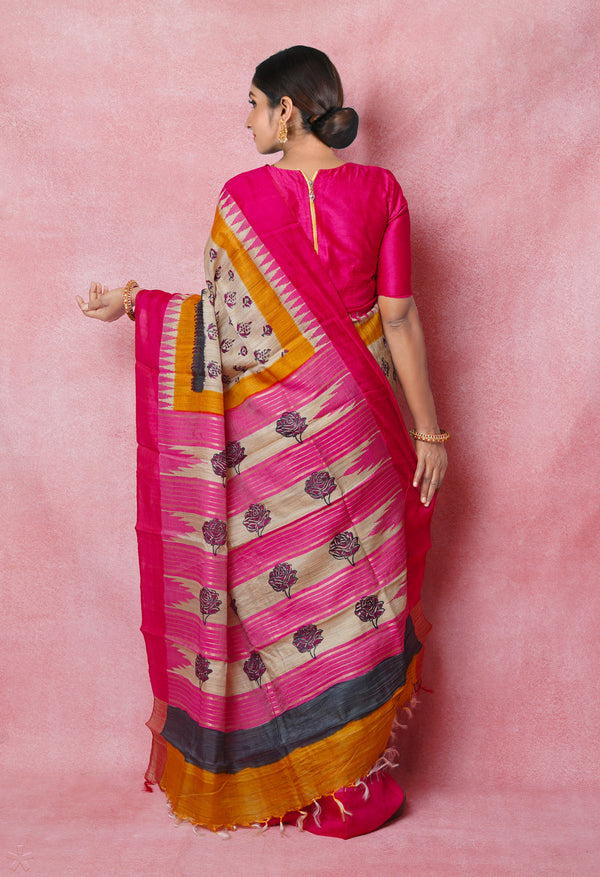 Off White Pure Handloom Hand Block Printed Vidarbha Tussar Silk Saree-UNM74503