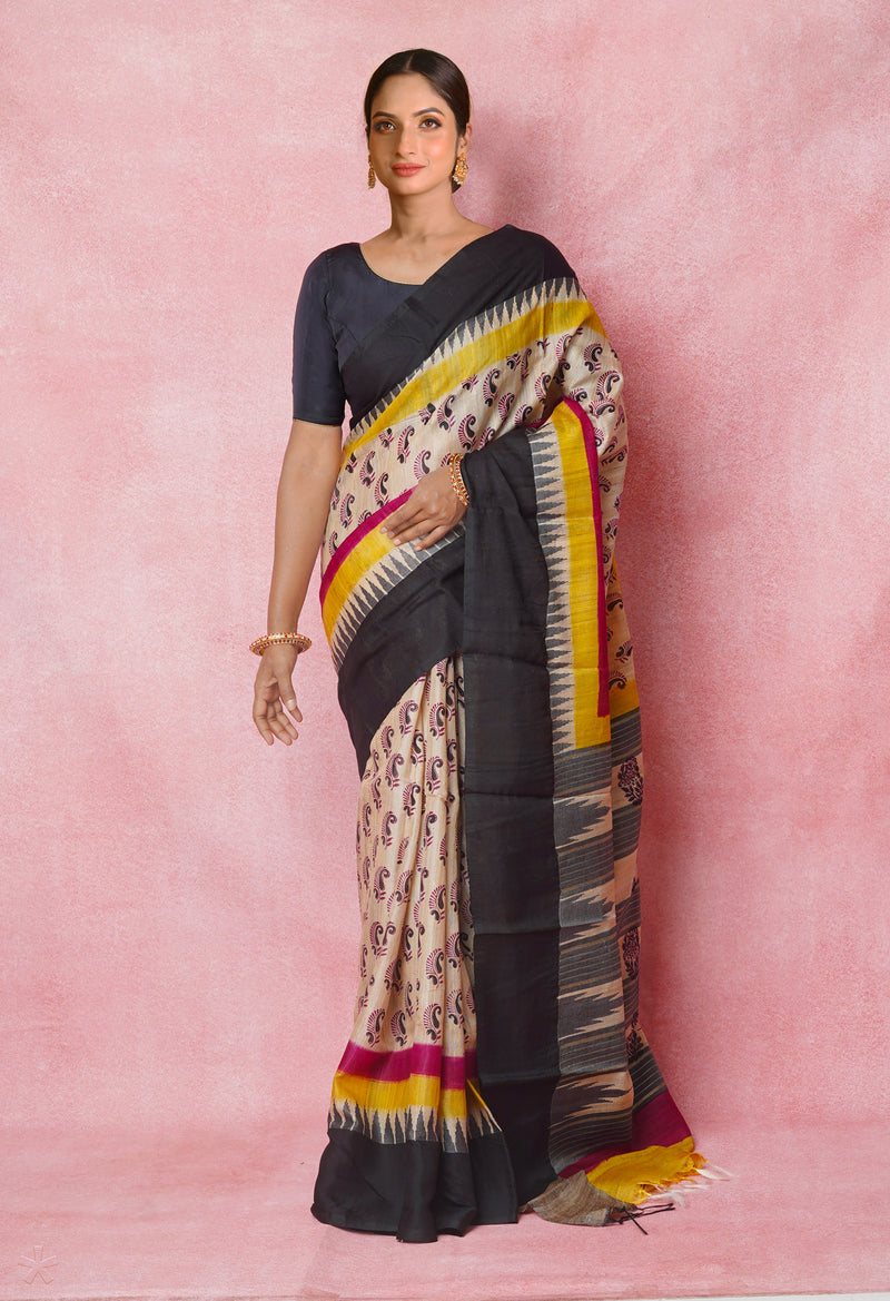 Off White Pure Handloom Hand Block Printed Vidarbha Tussar Silk Saree-UNM74504