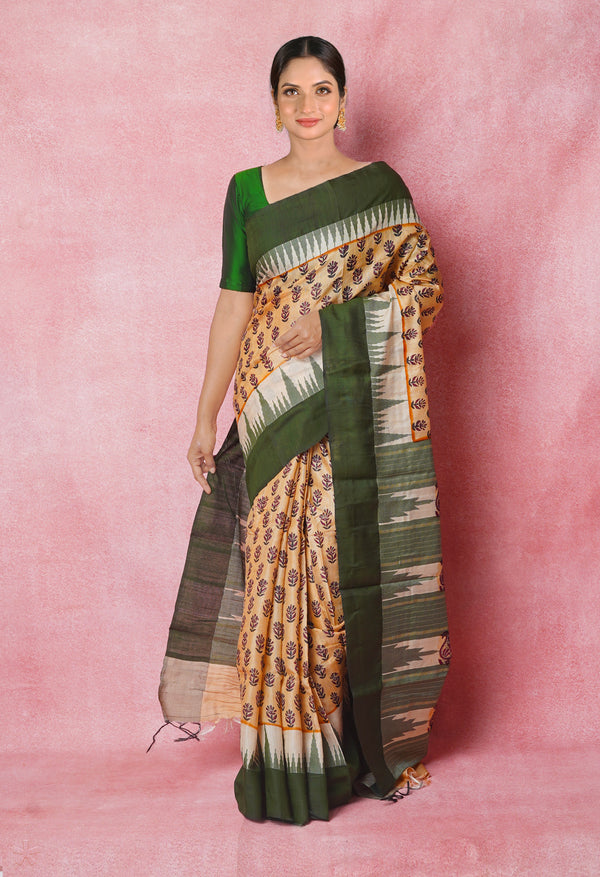 Cream Pure Handloom Hand Block Printed Vidarbha Tussar Silk Saree-UNM74505