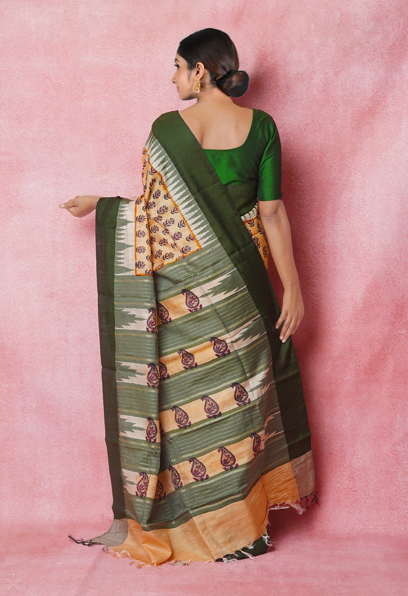 Cream Pure Handloom Hand Block Printed Vidarbha Tussar Silk Saree-UNM74505