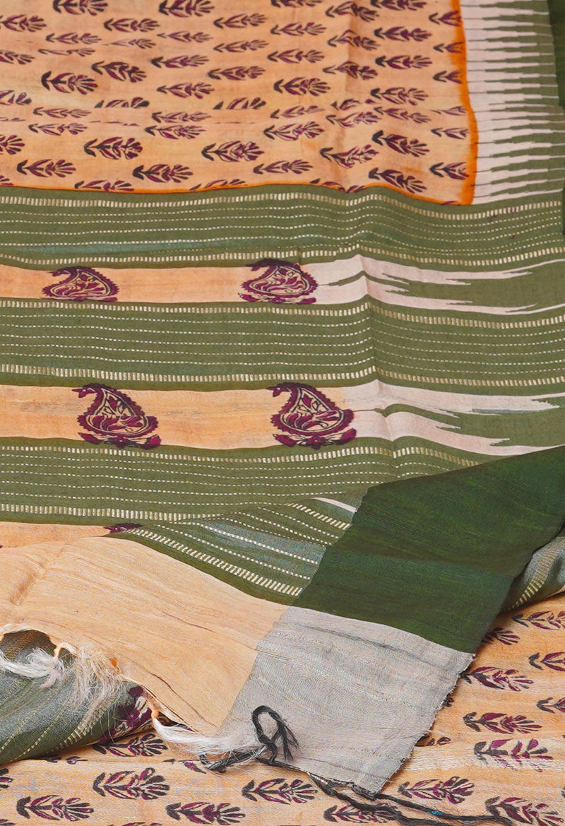 Cream Pure Handloom Hand Block Printed Vidarbha Tussar Silk Saree-UNM74505