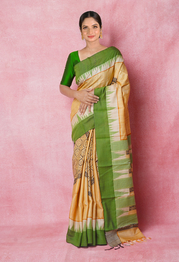 Cream Pure Handloom Hand Block Printed Vidarbha Tussar Silk Saree-UNM74506