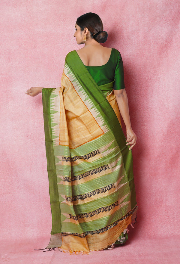 Cream Pure Handloom Hand Block Printed Vidarbha Tussar Silk Saree-UNM74506