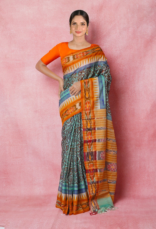 Pale Blue Pure Handloom Hand Block Printed Vidarbha Tussar Silk Saree-UNM74507