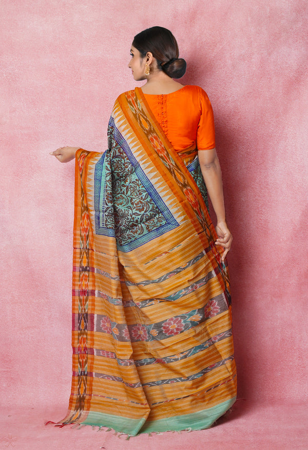 Pale Blue Pure Handloom Hand Block Printed Vidarbha Tussar Silk Saree-UNM74507