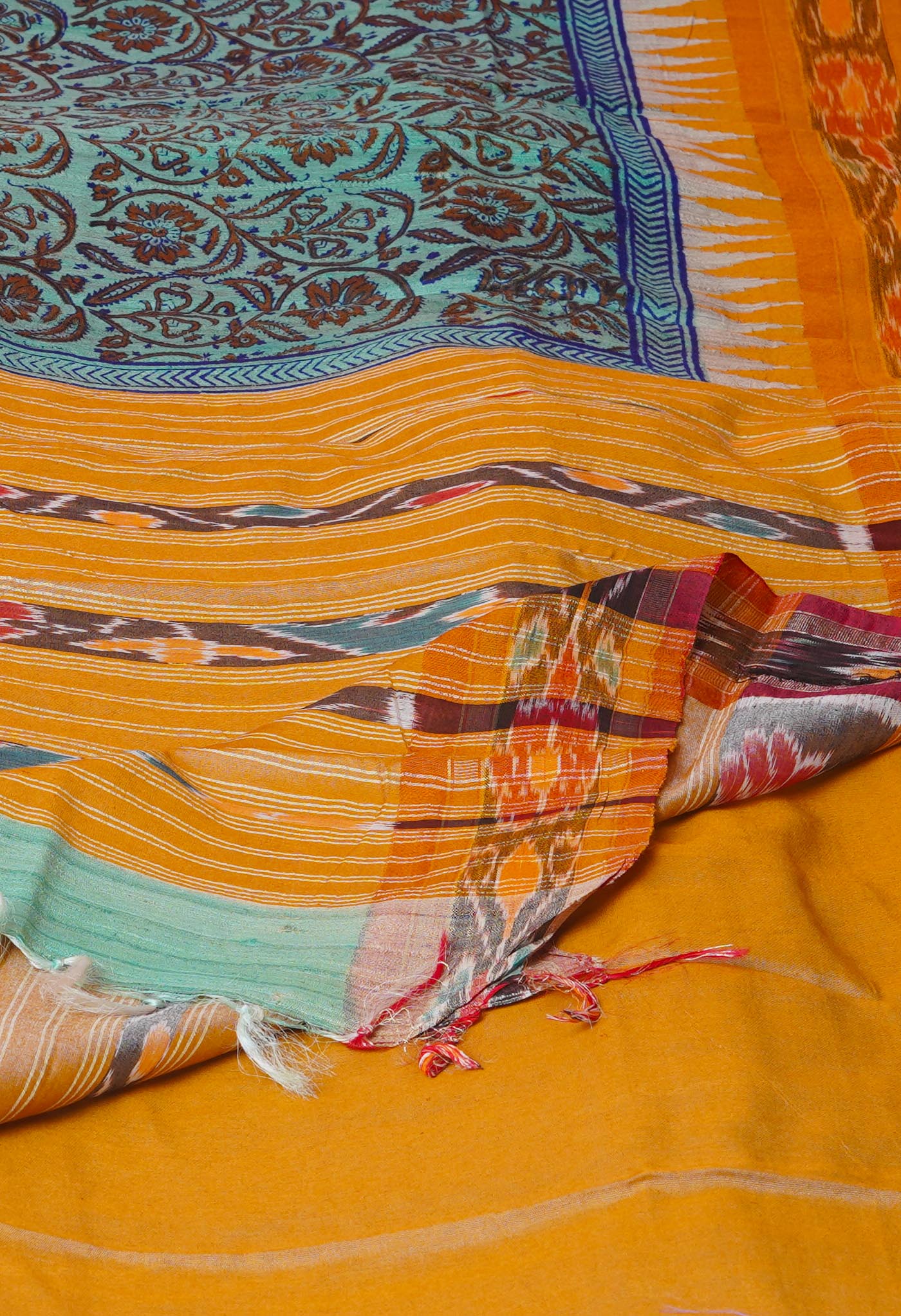 Pale Blue Pure Handloom Hand Block Printed Vidarbha Tussar Silk Saree