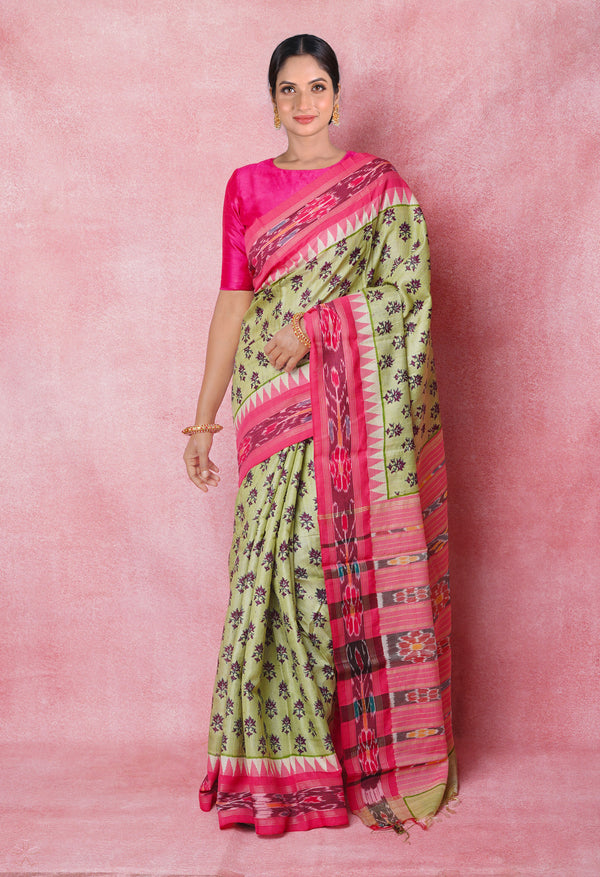 Pale Green Pure Handloom Hand Block Printed Vidarbha Tussar Silk Saree-UNM74508