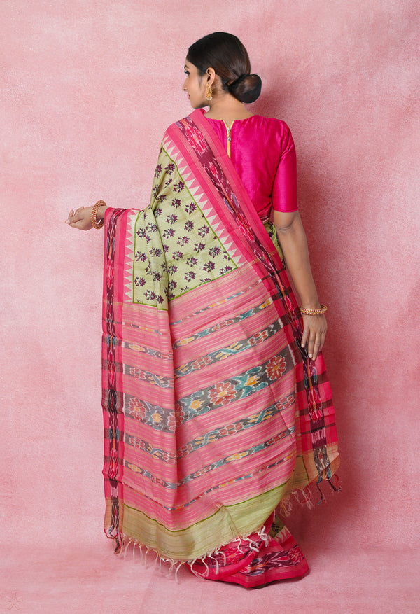 Pale Green Pure Handloom Hand Block Printed Vidarbha Tussar Silk Saree-UNM74508
