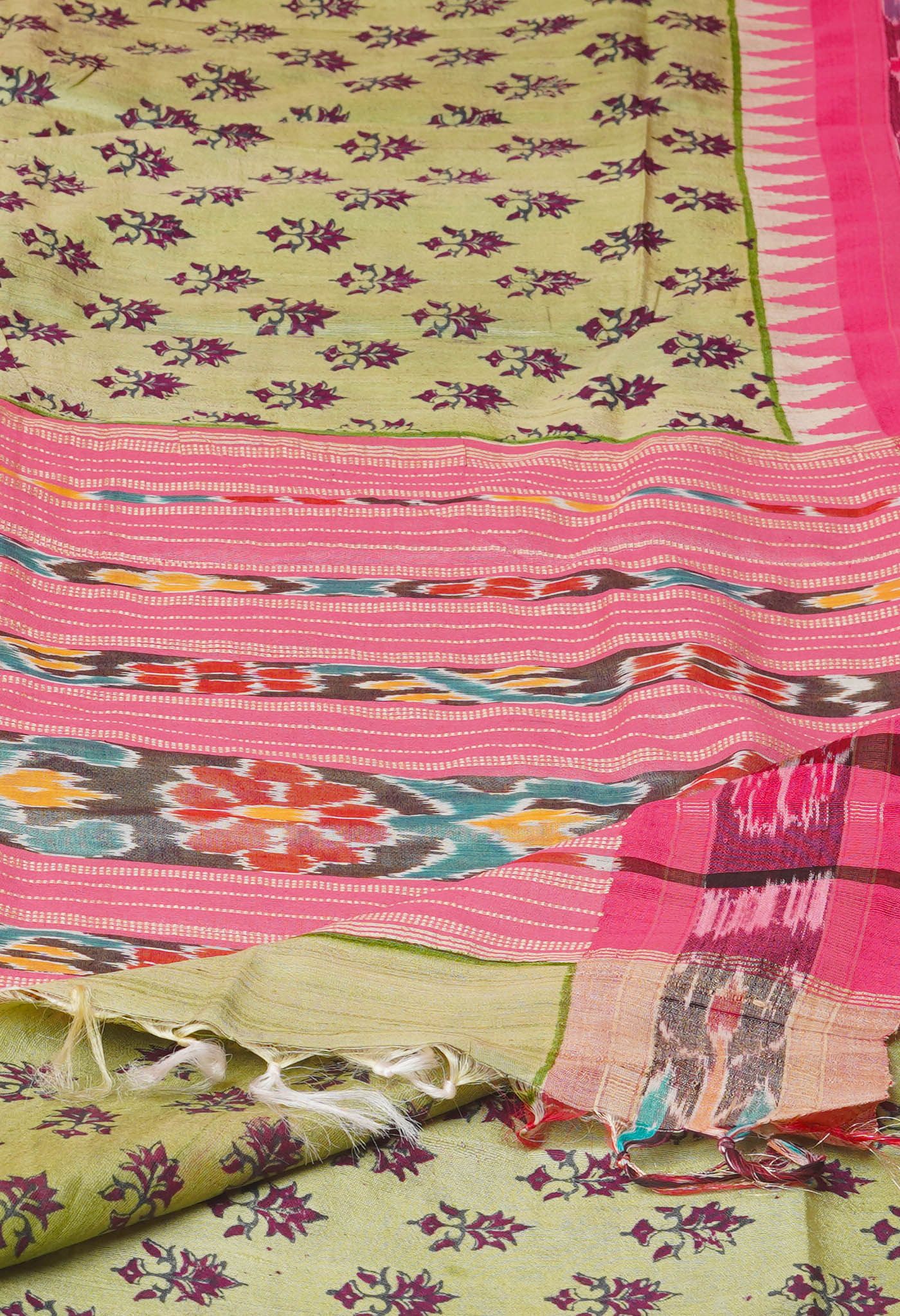 Pale Green Pure Handloom Hand Block Printed Vidarbha Tussar Silk Saree