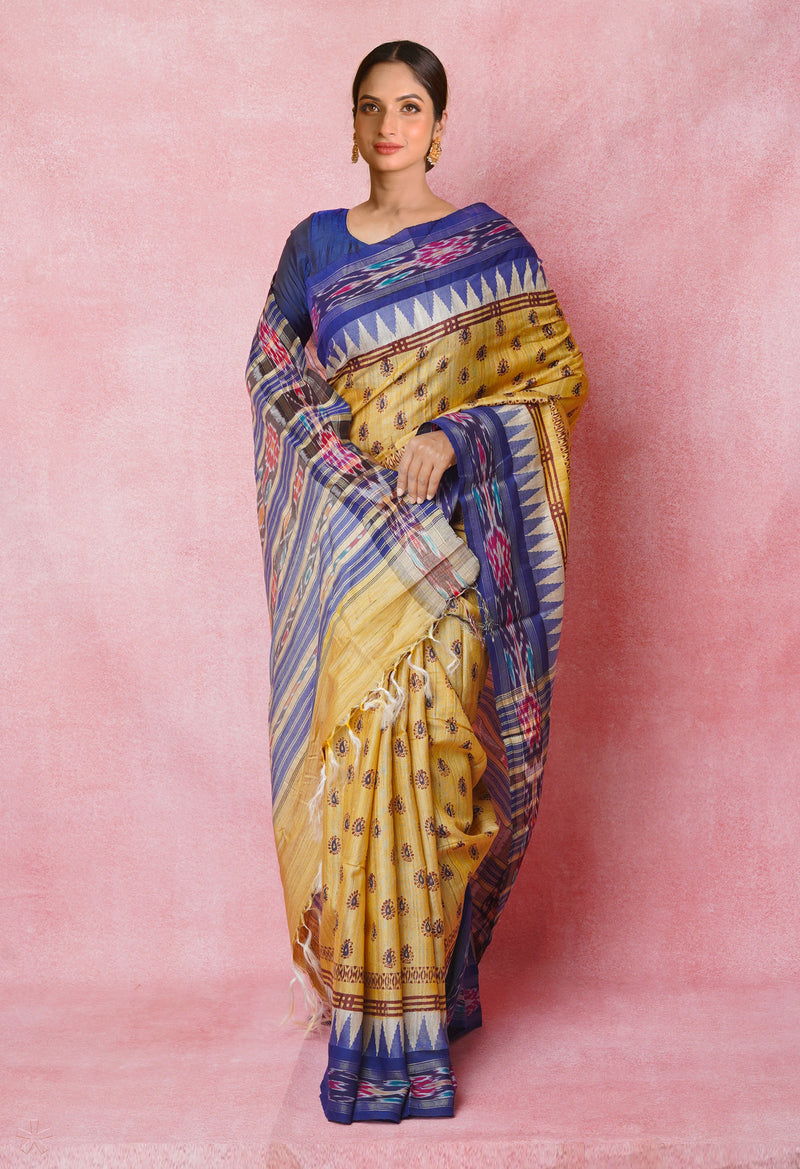 Cream Pure Handloom Hand Block Printed Vidarbha Tussar Silk Saree-UNM74509