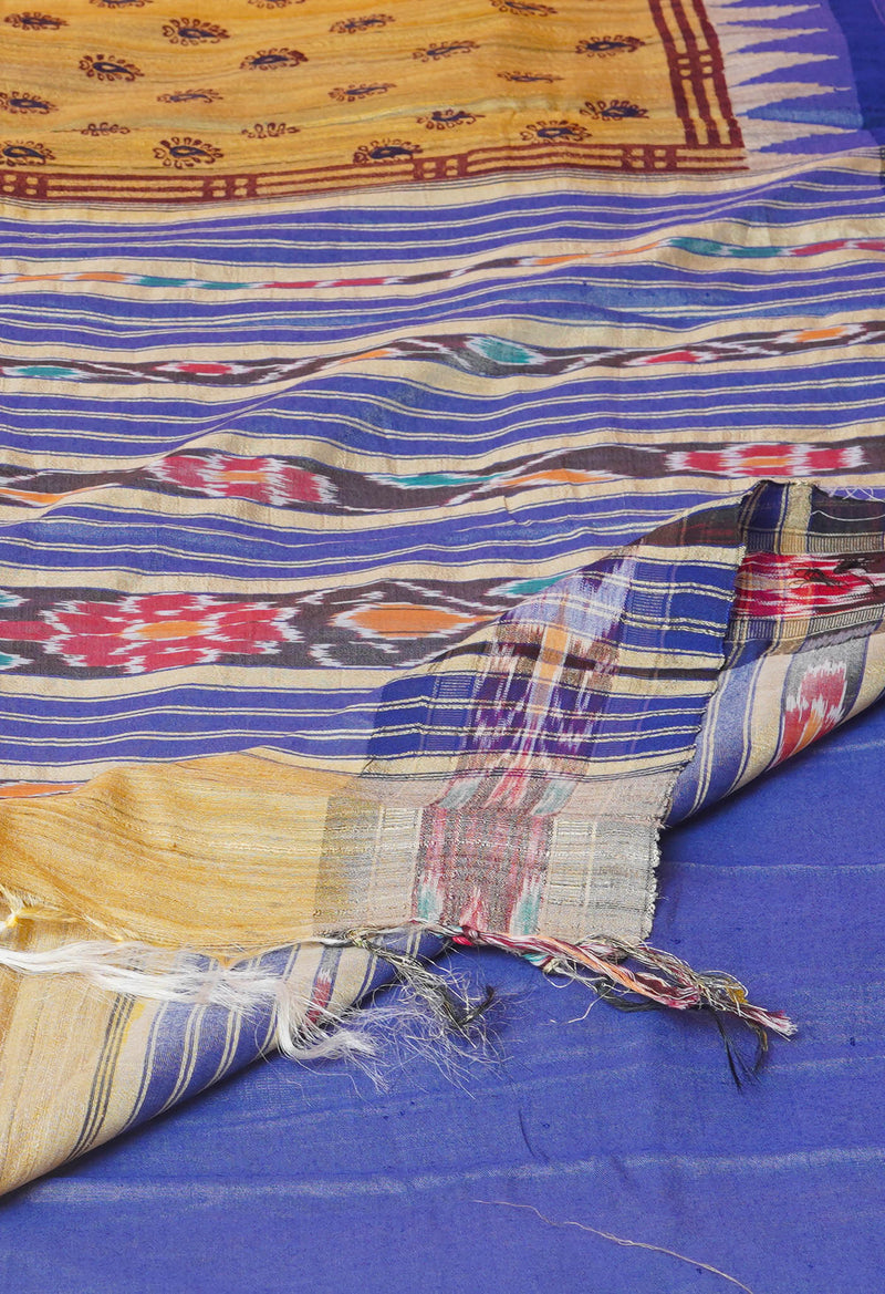 Cream Pure Handloom Hand Block Printed Vidarbha Tussar Silk Saree-UNM74509
