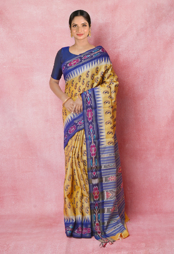 Cream Pure Handloom Hand Block Printed Vidarbha Tussar Silk Saree-UNM74510