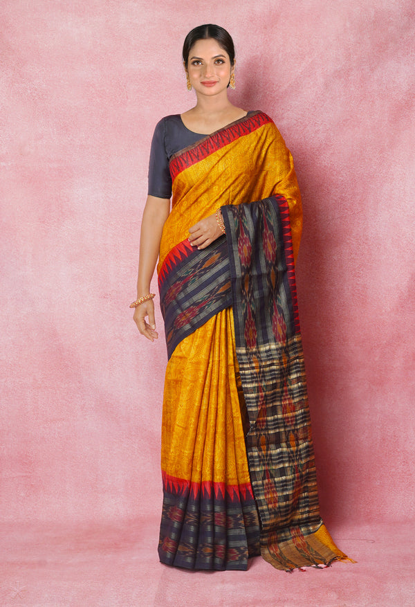 Yellow Pure Handloom Hand Block Printed Vidarbha Tussar Silk Saree-UNM74511