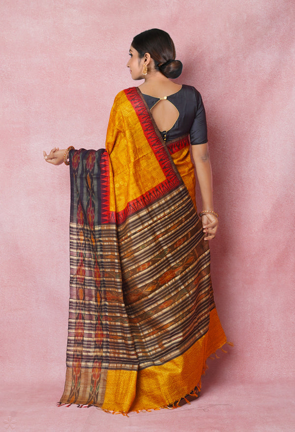 Yellow Pure Handloom Hand Block Printed Vidarbha Tussar Silk Saree-UNM74511