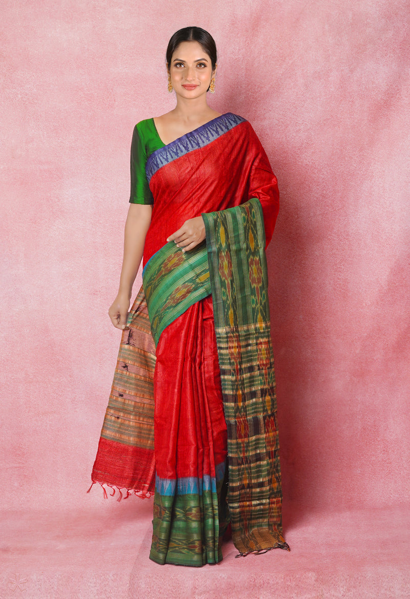 Red Pure Handloom Hand Block Printed Vidarbha Tussar Silk Saree-UNM74512