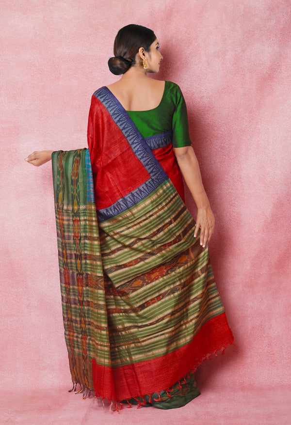 Red Pure Handloom Hand Block Printed Vidarbha Tussar Silk Saree-UNM74512