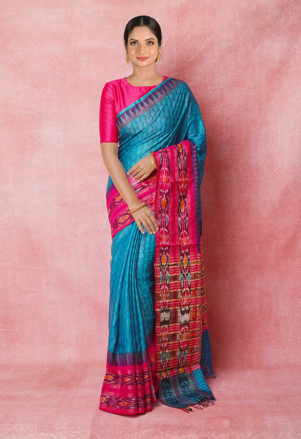 Blue Pure Handloom Hand Block Printed Vidarbha Tussar Silk Saree-UNM74513