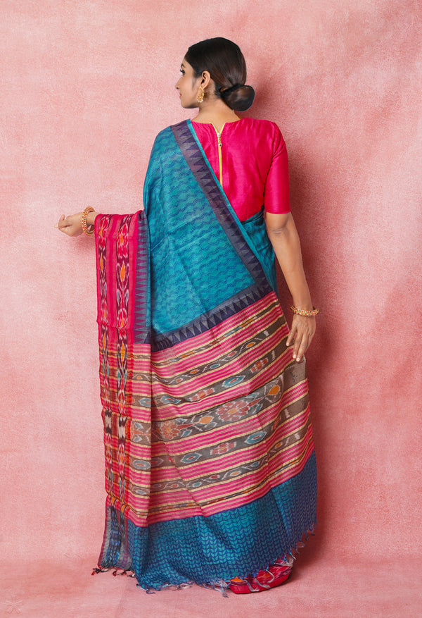 Blue Pure Handloom Hand Block Printed Vidarbha Tussar Silk Saree-UNM74513