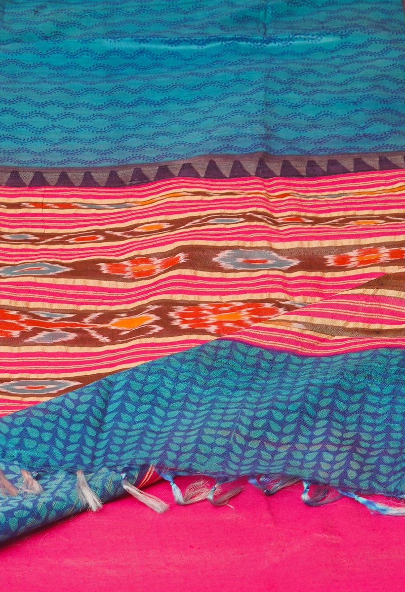 Blue Pure Handloom Hand Block Printed Vidarbha Tussar Silk Saree-UNM74513
