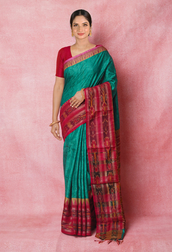 Green Pure Handloom Hand Block Printed Vidarbha Tussar Silk Saree-UNM74514