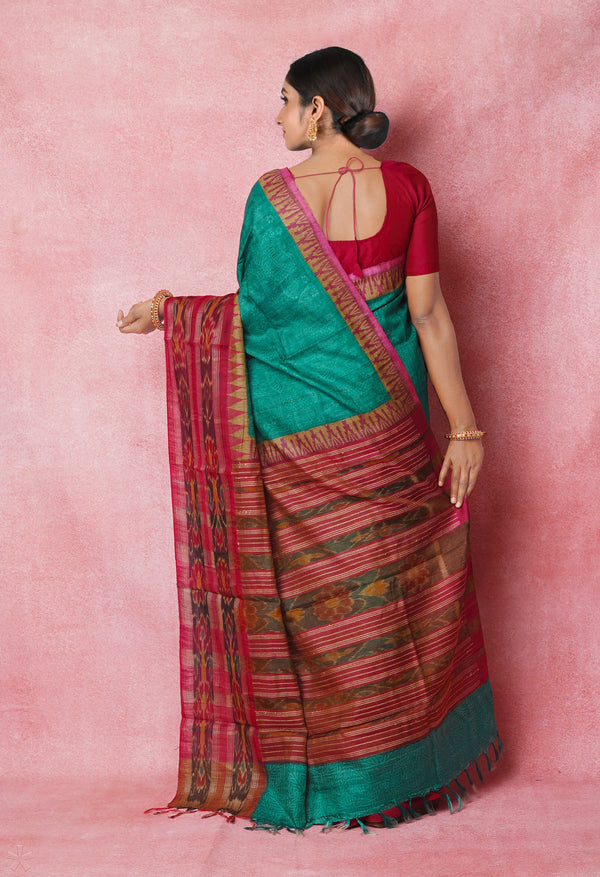 Green Pure Handloom Hand Block Printed Vidarbha Tussar Silk Saree-UNM74514
