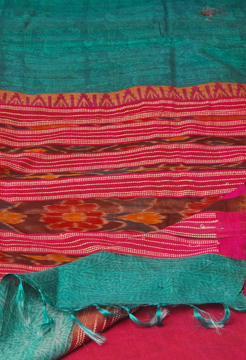 Green Pure Handloom Hand Block Printed Vidarbha Tussar Silk Saree-UNM74514