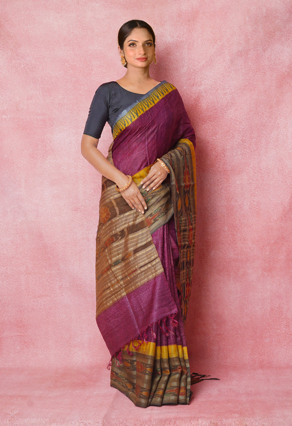Maroon Pure Handloom Hand Block Printed Vidarbha Tussar Silk Saree-UNM74515