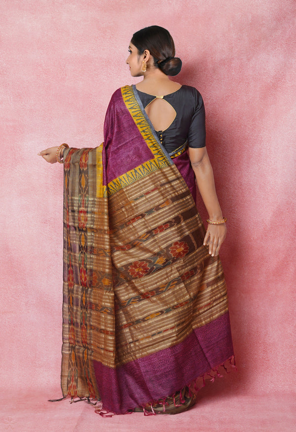 Maroon Pure Handloom Hand Block Printed Vidarbha Tussar Silk Saree-UNM74515