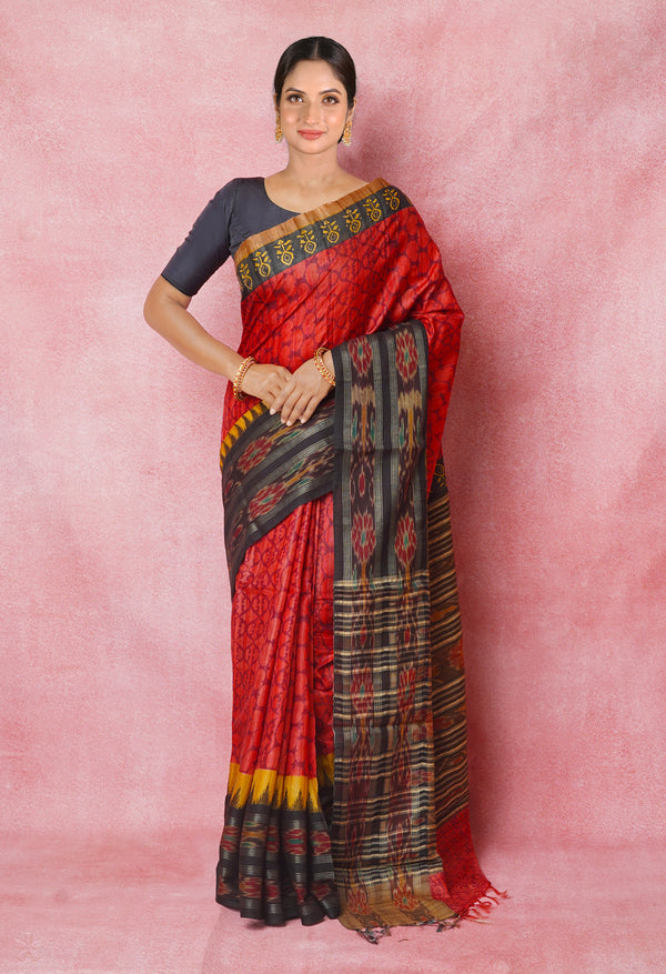 Peach Red Pure Handloom Hand Block Printed Vidarbha Tussar Silk Saree-UNM74516