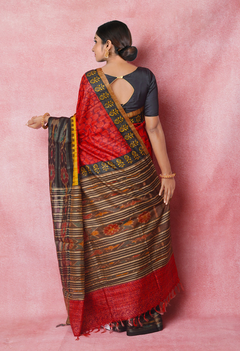 Peach Red Pure Handloom Hand Block Printed Vidarbha Tussar Silk Saree-UNM74516