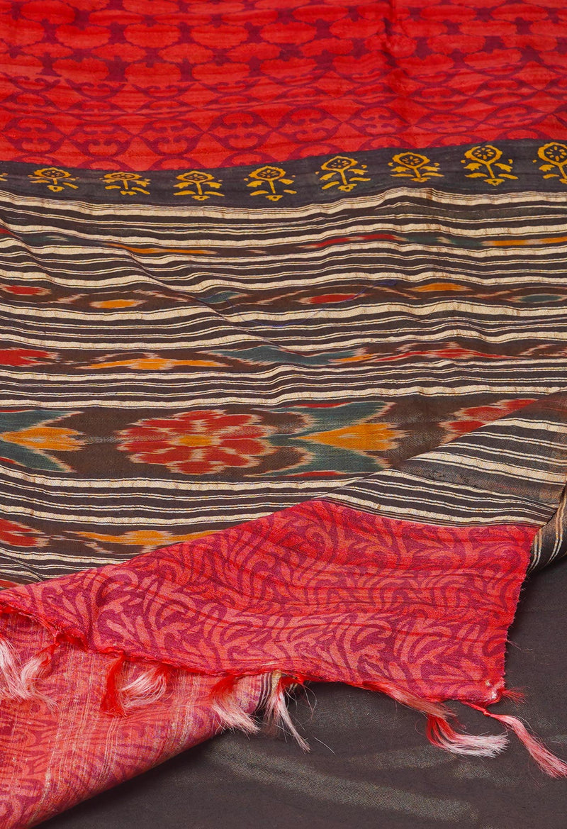 Peach Red Pure Handloom Hand Block Printed Vidarbha Tussar Silk Saree-UNM74516