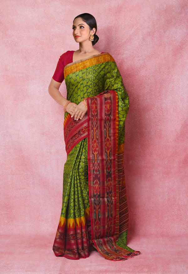 Green Pure Handloom Hand Block Printed Vidarbha Tussar Silk Saree-UNM74517
