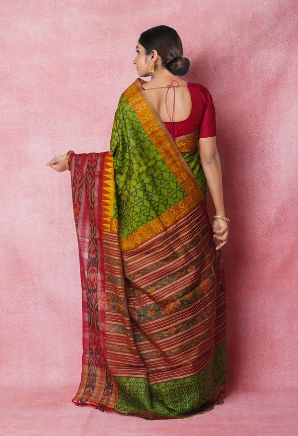 Green Pure Handloom Hand Block Printed Vidarbha Tussar Silk Saree-UNM74517