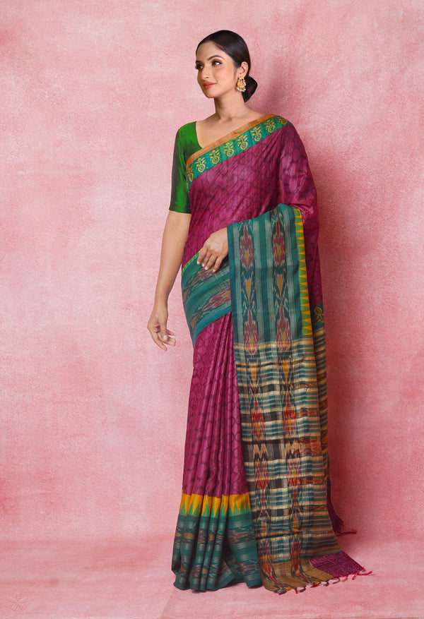 Burgundy Pure Handloom Hand Block Printed Vidarbha Tussar Silk Saree-UNM74518
