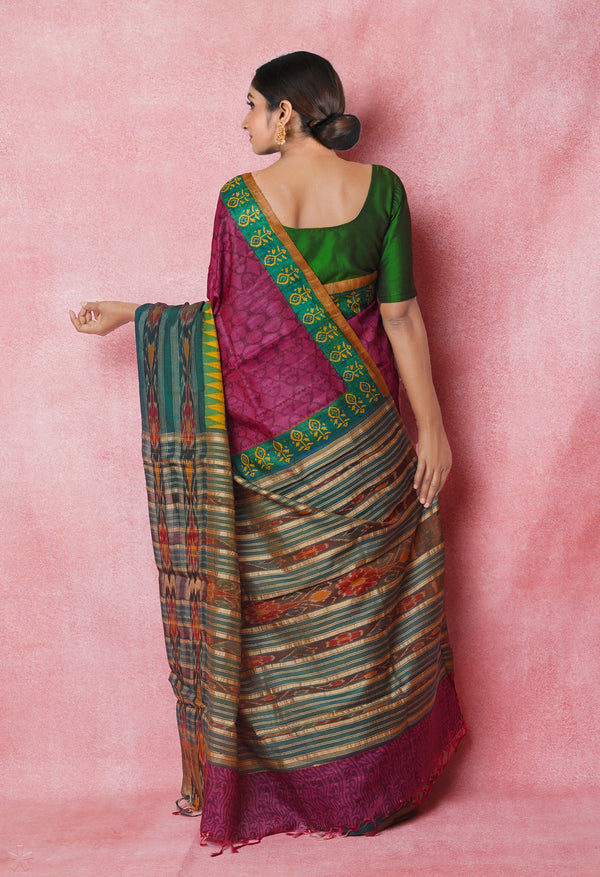 Burgundy Pure Handloom Hand Block Printed Vidarbha Tussar Silk Saree-UNM74518