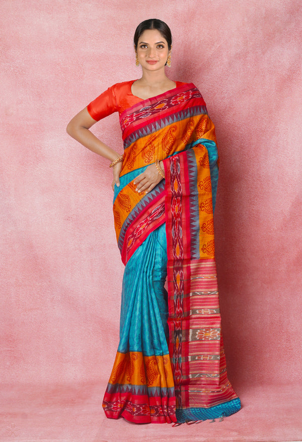 Blue Pure Handloom Hand Block Printed Vidarbha Tussar Silk Saree-UNM74519
