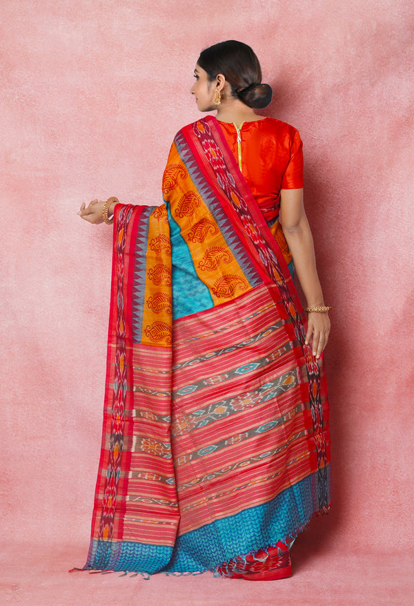 Blue Pure Handloom Hand Block Printed Vidarbha Tussar Silk Saree-UNM74519