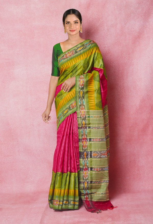 Red Pure Handloom Hand Block Printed Vidarbha Tussar Silk Saree-UNM74520