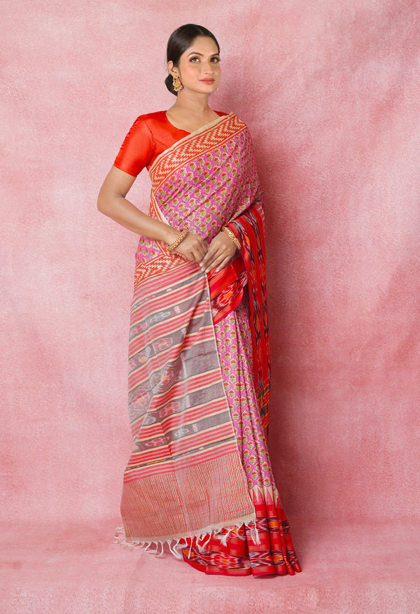 Pink Pure Handloom Hand Block Printed Vidarbha Tussar Silk Saree-UNM74521