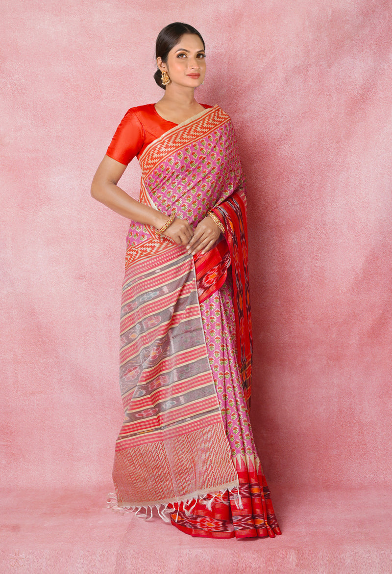 Pink Pure Handloom Hand Block Printed Vidarbha Tussar Silk Saree-UNM74521