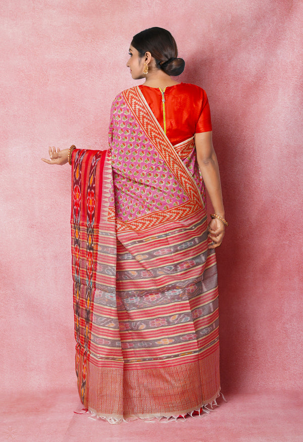 Pink Pure Handloom Hand Block Printed Vidarbha Tussar Silk Saree-UNM74521