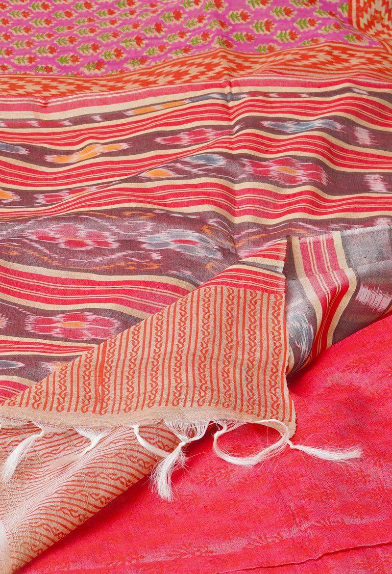 Pink Pure Handloom Hand Block Printed Vidarbha Tussar Silk Saree-UNM74521